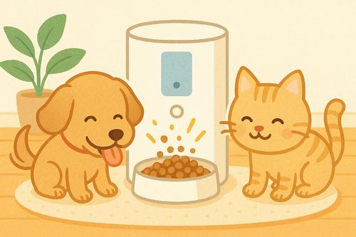 自動給餌器とペットのイラスト