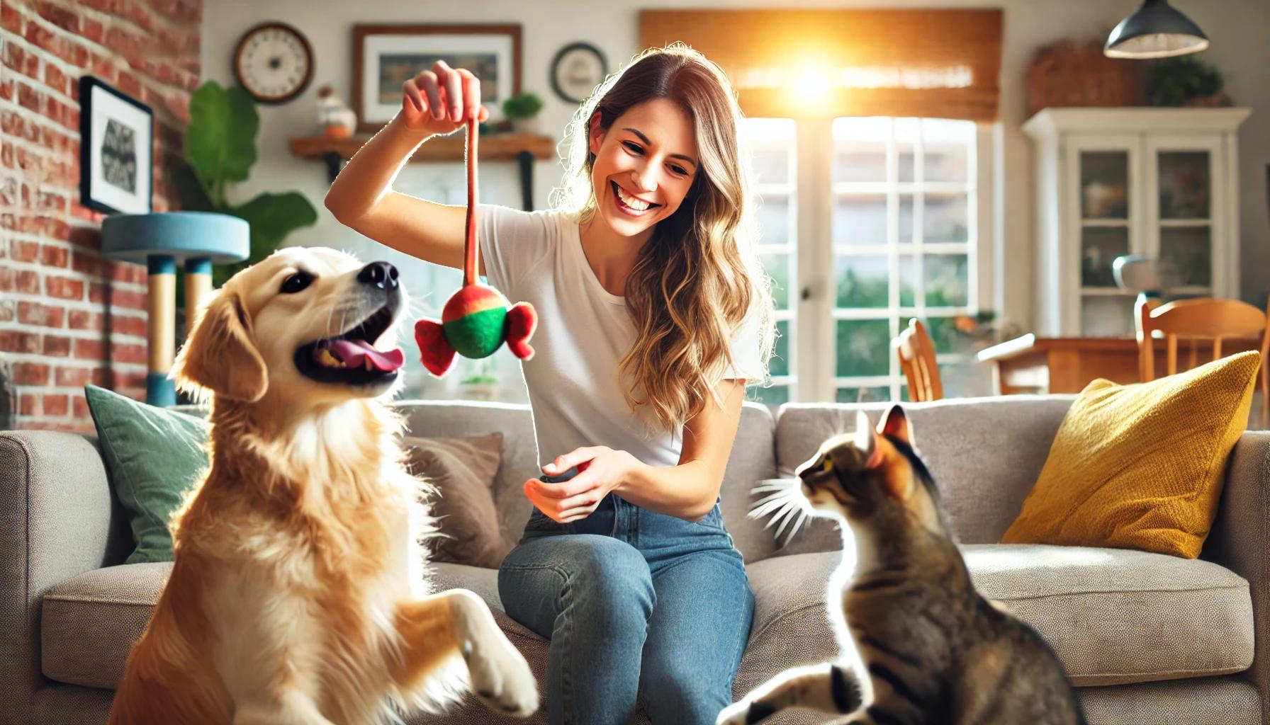 ペットシッターが犬や猫と遊んでいる様子